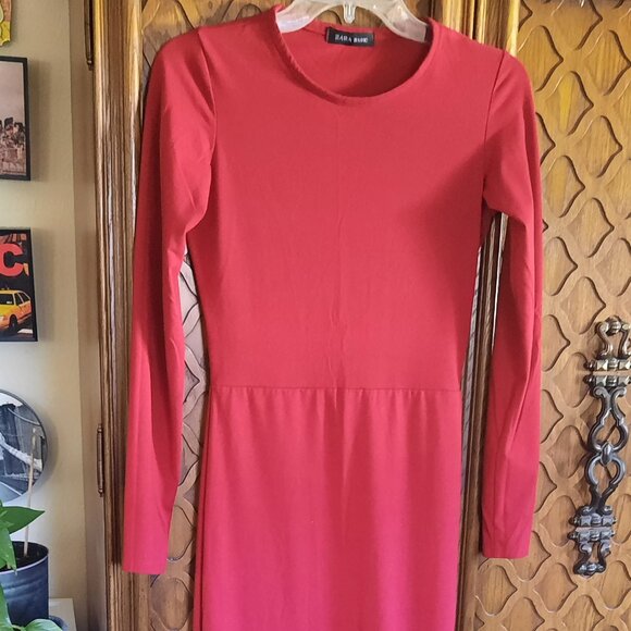 ZARA Basic Women's Long Sleeve Sheath Maxi Dress w Slit - Burgundy Red, Size XS - Picture 4 of 16